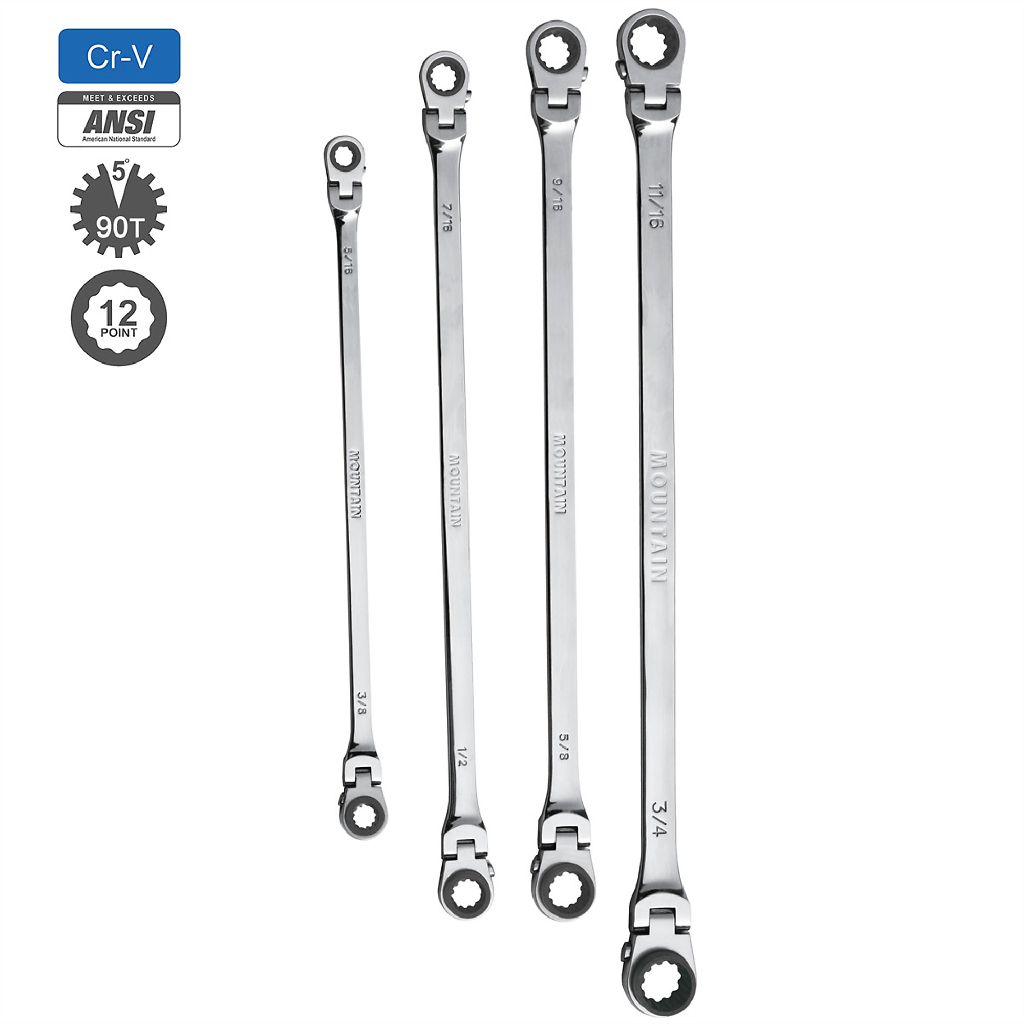 Mountain Flexible Reversible SAE Ratchet Wrench Set — 4-Piece, 12in., 14in., 16in. & 18in., Chrome, Model# MTNRF7